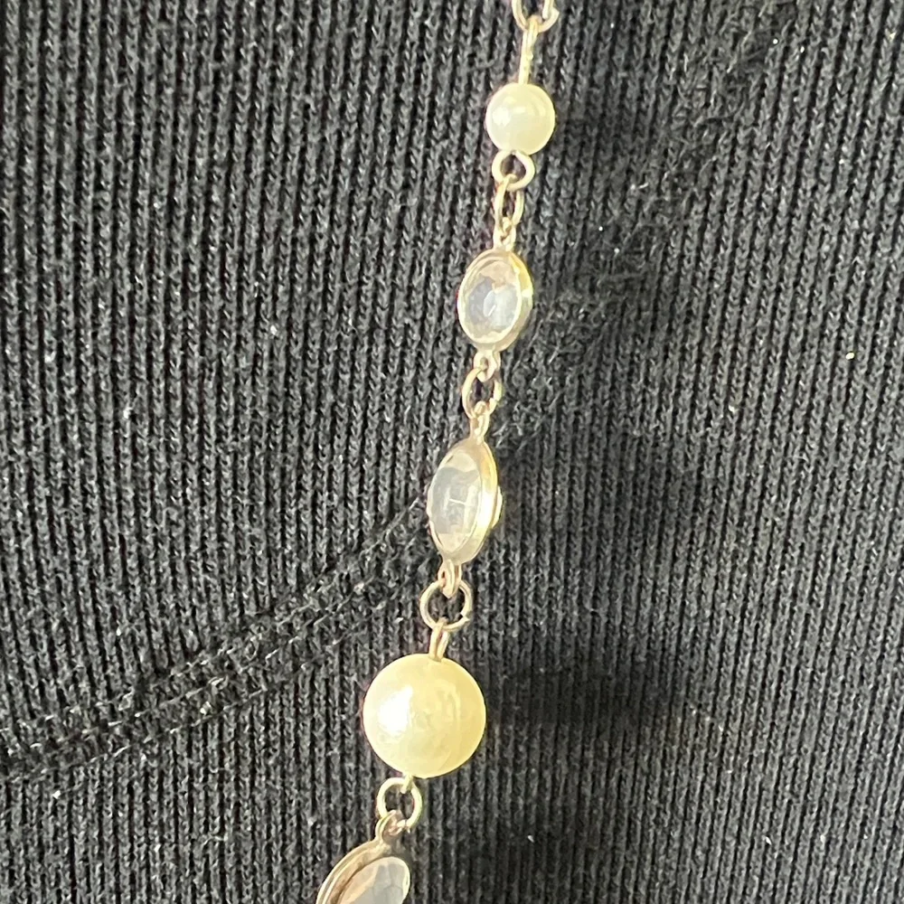 Long Silver tone necklace with Pearl and crystal accents